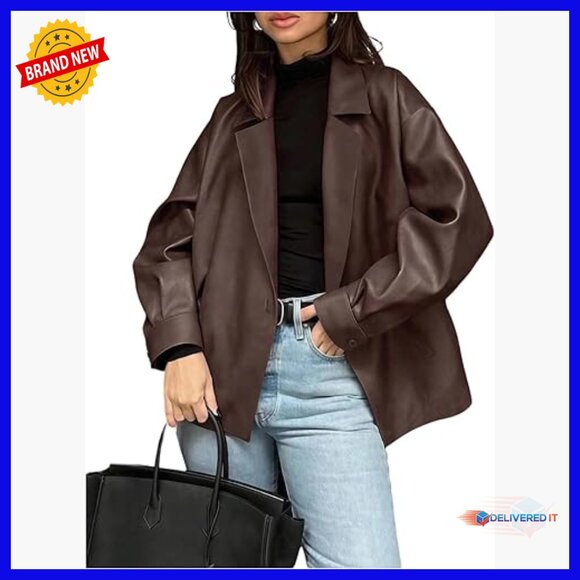 Jackets & Blazers - Faux Leather Blazer Jacket Oversized Business Work Open Front Lapel Collar